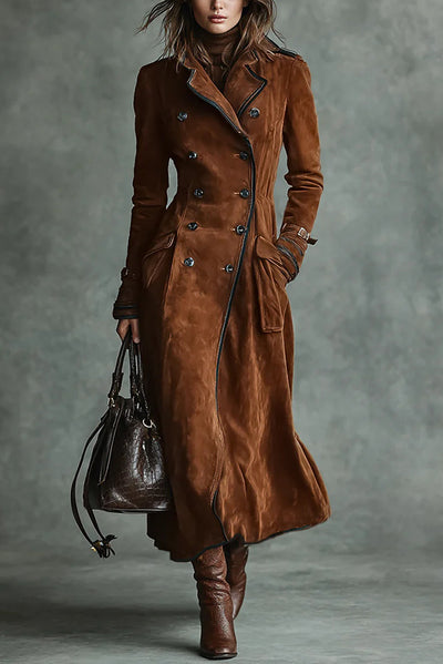 Stylish Suede Lapel Button Casual Pocket Long Trench Coat