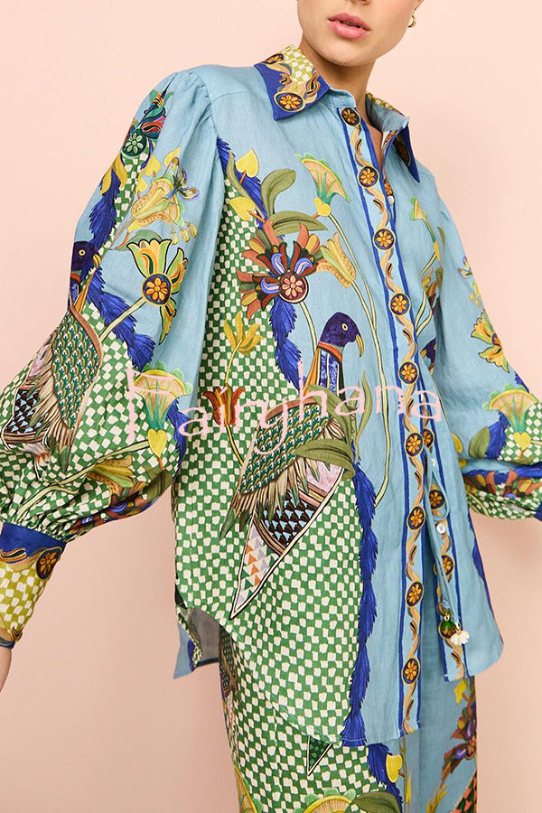 Sun Seeking Unique Heaven Bird Print Balloon Sleeve Button Loose Shirt