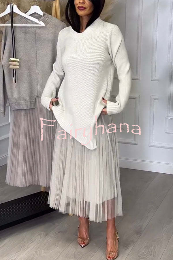 Jensine Ribbed Knit Long Sleeve Irregular Hem Loose Sweater