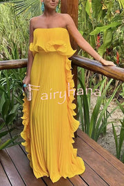 Reina Chiffon Pleated Wavy Ruffles Trim Strapless Loose Maxi Dress