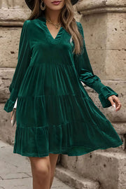 Solid Color Velvet V-Neck Long Sleeve Elegant Loose Mini Dress