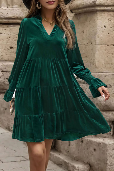 Solid Color Velvet V-Neck Long Sleeve Elegant Loose Mini Dress