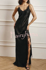 Elegant Splicing Lace Suspenders V-neck Sexy Slit Maxi Dress