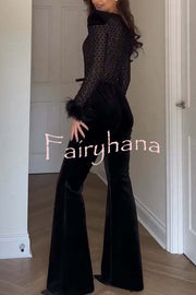 Monique Fish Scale Lace Sequin Velvet Patchwork Feather Trim Belted Stretch Flare Jumpsuit