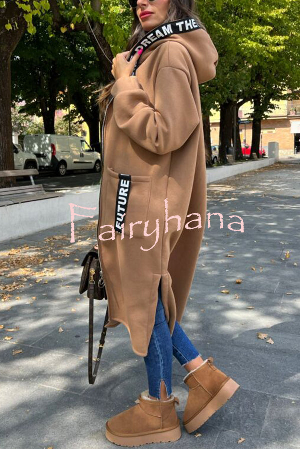 Fashionable and Casual Hooded Zipper Pocket Loose Long Coat