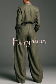 Linen Blend Lapel Long-sleeved Casual Shirt and High-waist Pocket Loose Wide-leg Pants Set