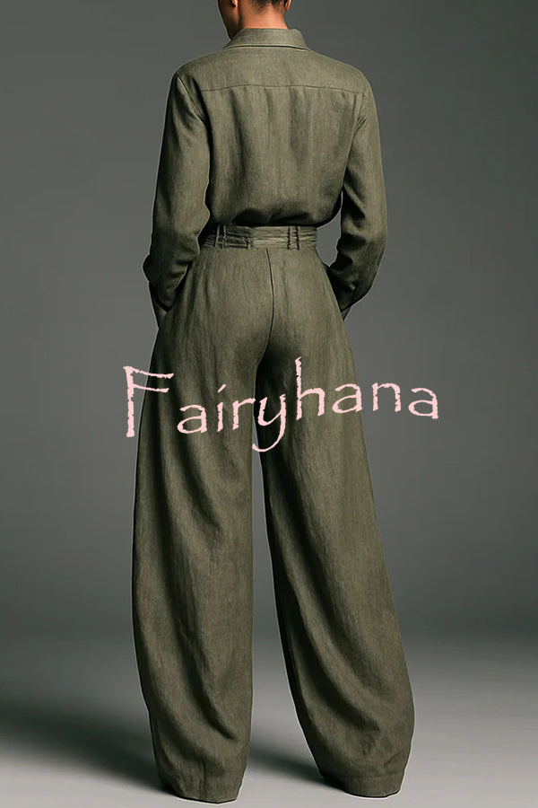 Linen Blend Lapel Long-sleeved Casual Shirt and High-waist Pocket Loose Wide-leg Pants Set