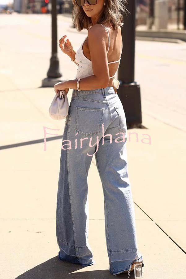 Ellison Denim Side Colorblock High Rise Pocket Wide Leg Jeans