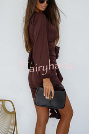 Lily Satin V-neck Floral Embellishment Long Sleeve Ruched Mini Dress