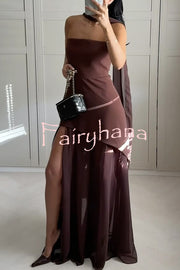 Monaco Off Shoulder Structured Top Chiffon Slit Hem Scarf Maxi Dress