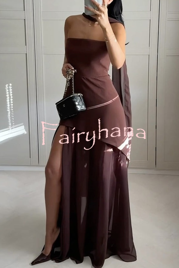 Monaco Off Shoulder Structured Top Chiffon Slit Hem Scarf Maxi Dress