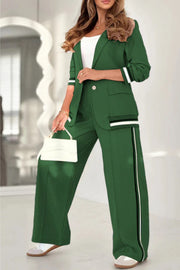 Solid Color Lapel Long Sleeve Loose Blazer and Elastic Waist Casual Pocket Wide Leg Pants Set