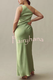 Wedding  Guest Satin Floral Print One Shoulder Side Slit Maxi Dress