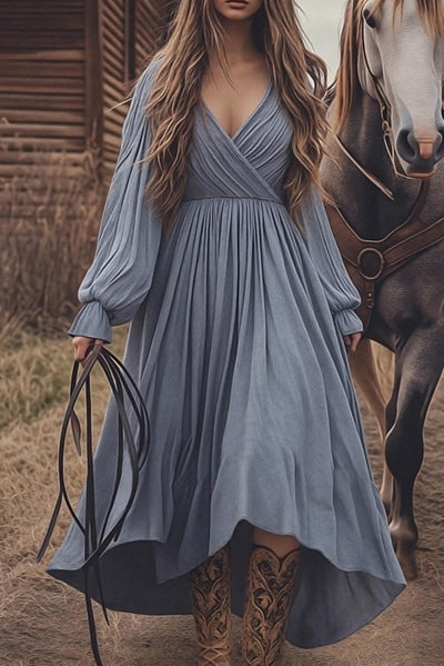 Solid Color V-neck Long-sleeved High-waist Casual Maxi Dress