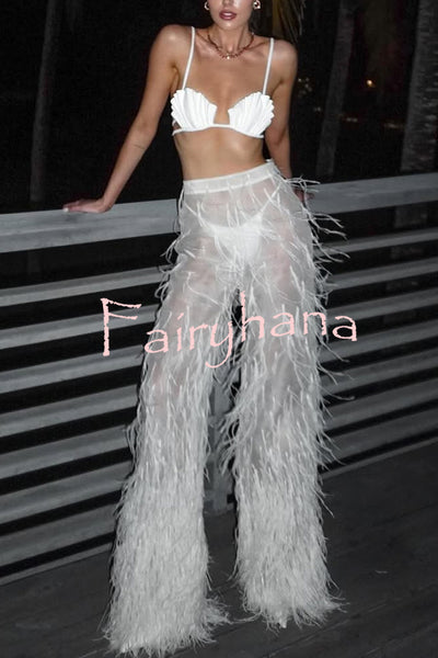 Braylie Sheer Tulle Tiered Feather Trim High Rise Wide Leg Pants