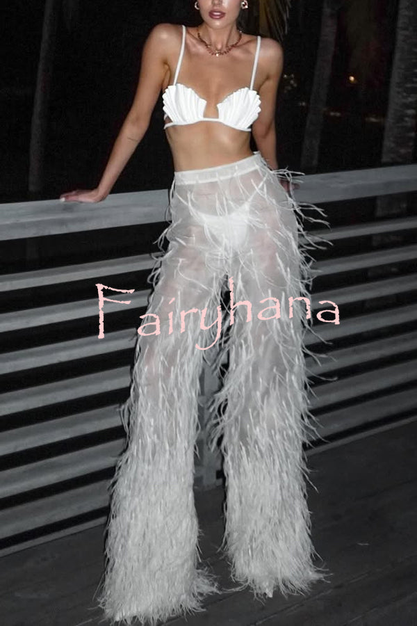 Braylie Sheer Tulle Tiered Feather Trim High Rise Wide Leg Pants
