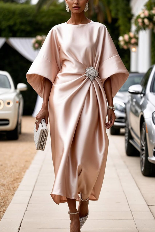 Satin Elegant Brooch Embellished Casual Round Neck Midi Dress