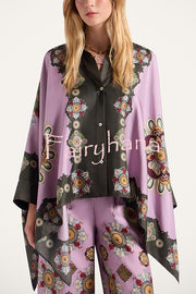 Satin Unique Print Loose Batwing Sleeve Top and Elastic Waist Pocket Casual Wide-leg Pants Set