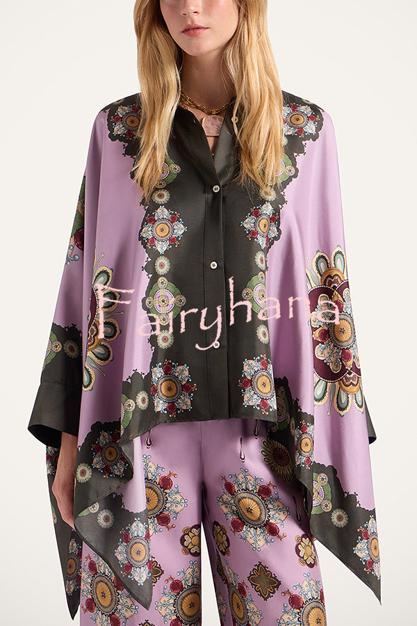 Satin Unique Print Loose Batwing Sleeve Top and Elastic Waist Pocket Casual Wide-leg Pants Set