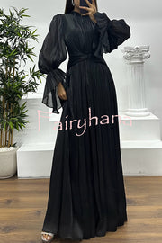 Ellah Shiny Fabric Chinese Stand Collar Twist Waist Balloon Sleeve Maxi Dress