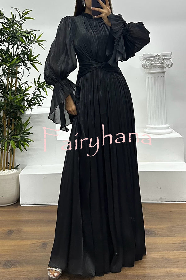 Ellah Shiny Fabric Chinese Stand Collar Twist Waist Balloon Sleeve Maxi Dress
