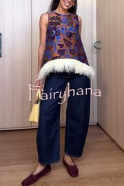 Emina Floral Feather Trim Trapezoidal Silhouette Asymmetrical Hem Top