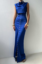 Solid Color Casual Sleeveless Crop Top and Elegant Button-down Maxi Skirt Set