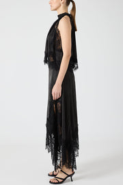 Modern Muse Satin Lace Trim Pleated Neck Top and A-line Irregular Slit Skirt Set