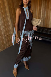 Sunday Social Contrast Color Satin Lace Trim Mid Rise Maxi Skirt