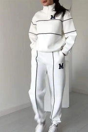 Fashionable Letter Striped Long-sleeved Sweatshirt and Elastic Waist Casual Pocket Pants Set