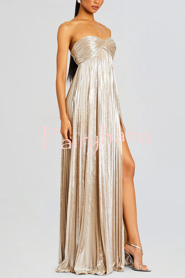 Metallic Sexy Tube Top Pleated High Slit Maxi Dress