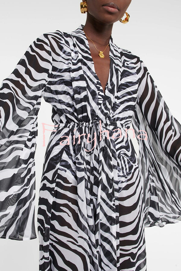 Marsie Zebra-print Elastic Drawstring Waist Long Bell Sleeve Cover-up Kimono