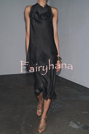Dolly Satin Lace Trim Mid Rise Slit Drape Midi Skirt