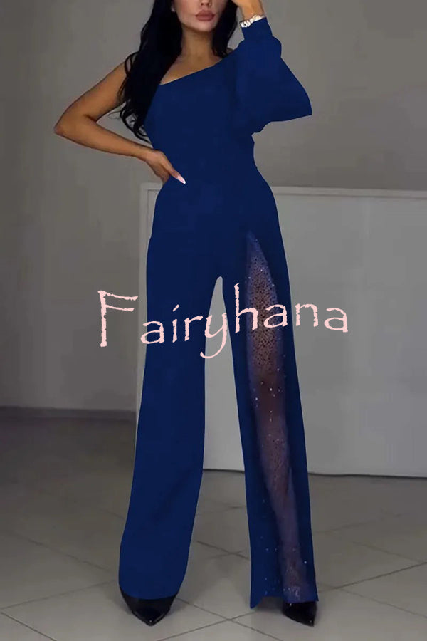 Fashionable Oblique Shoulder One-sleeve Sexy High Slit Slim Jumpsuit