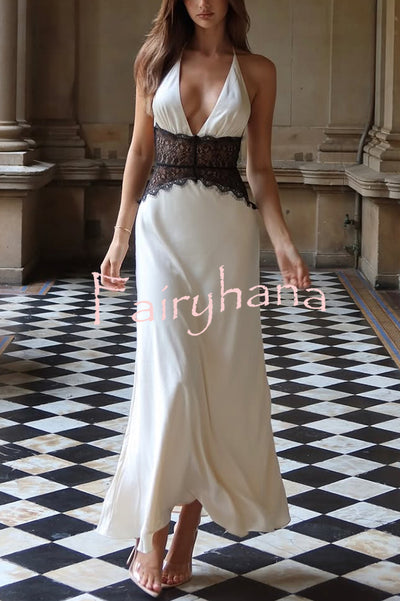 Seductive Details Satin Lace Waist Halter Tie-up Backless Maxi Dress
