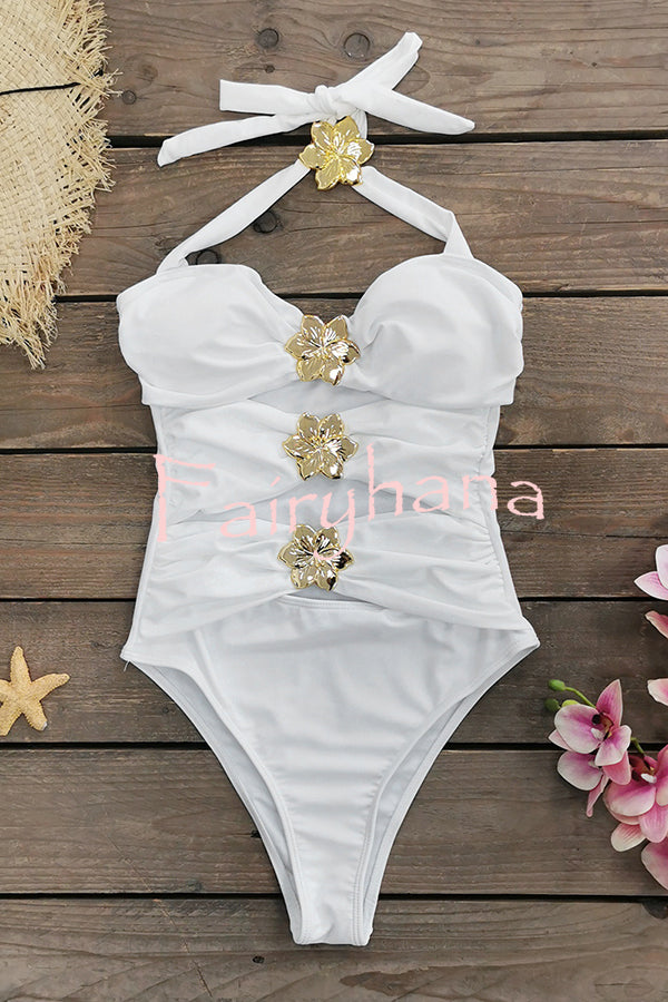 Sun and Sea Hollow Metal Flower Decoration Stretch One-piece Swimsuit