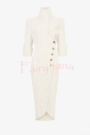 Elegant Look Linen Blend Stand Lapel Neck Half Sleeve Side Button Midi Dress