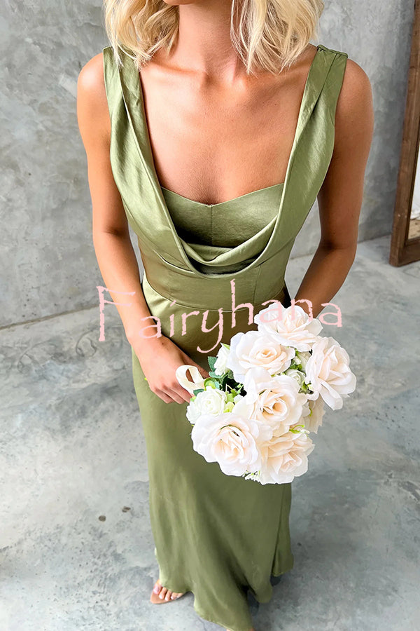 Chic Muse Satin Solid Color Cowl Neck Back Tie-up Maxi Dress