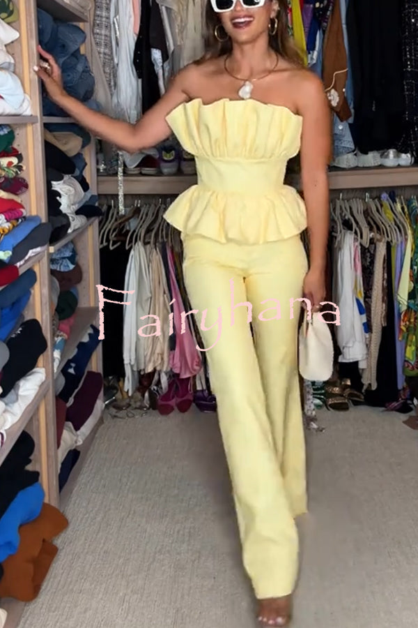 Every Occasion Crepe Panel Ruffles Strapless Top and High Rise Pocketed Flare Pants Set