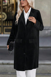 Solid Color Velvet Lapel Long-sleeved Casual Button Mid-length Coat