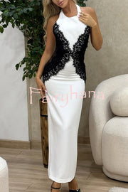 Sexy Halterneck Lace Paneled Backless Slim Maxi Dress