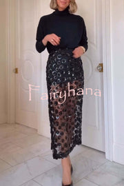 Gorgeous Flower Embellished Sequin Sheer High Rise Slit Midi Skirt
