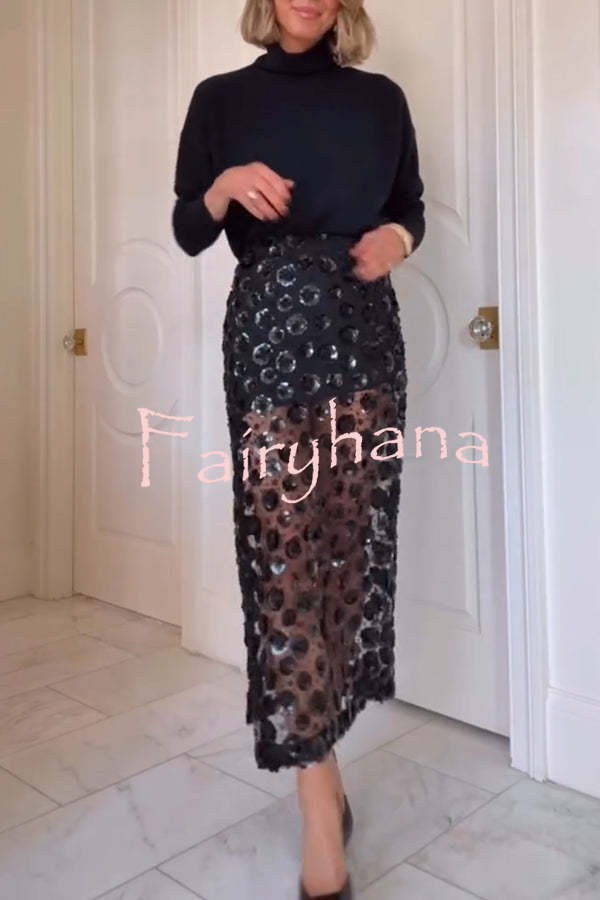 Gorgeous Flower Embellished Sequin Sheer High Rise Slit Midi Skirt