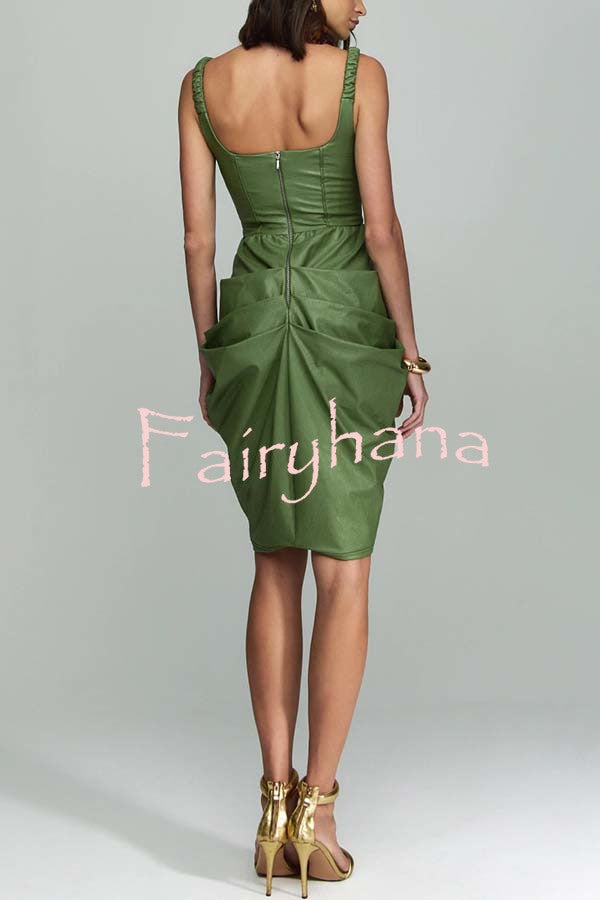 Fashion Choice Faux Leather Corset Ruched Back Zipper Mini Dress