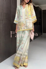 Elonie Satin Floral Print V-neck Half Sleeve Top and Elastic Waist Wide Leg Pants Set