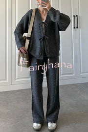 Solid Color V-neck Tie Long-sleeved Loose Knit Cardigan and Elastic Waist Casual Straight Leg Pants Set