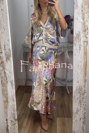 Satin Floral Print V-neck Half-sleeve Loose Top and Elegant Maxi Skirt Set