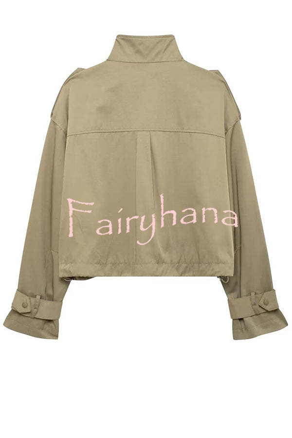 Classic Charm Strap Details Pocketed Cargo Style Zipper Loose Jacket