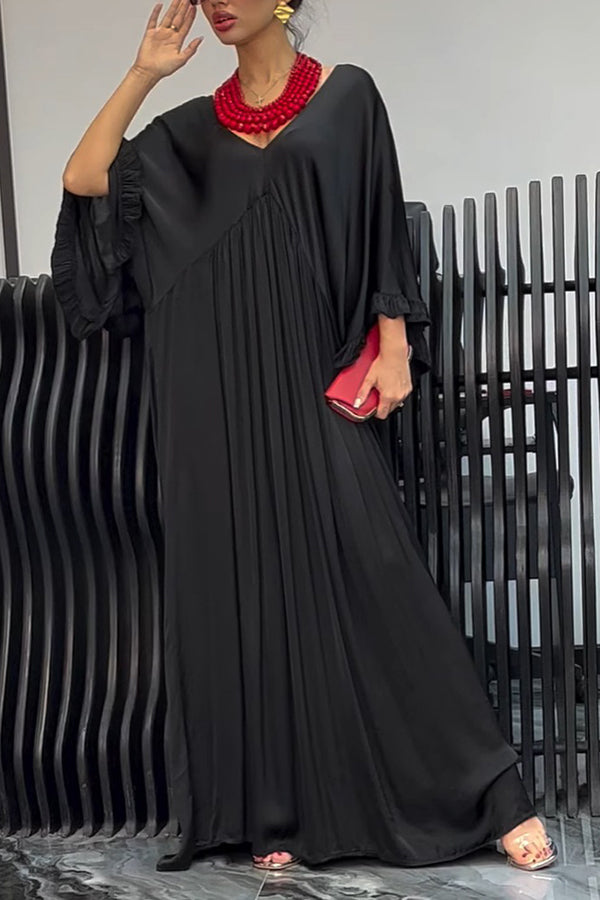 Satin Solid Color V-neck Lotus Leaf Sleeve Loose Pleated Maxi Dress