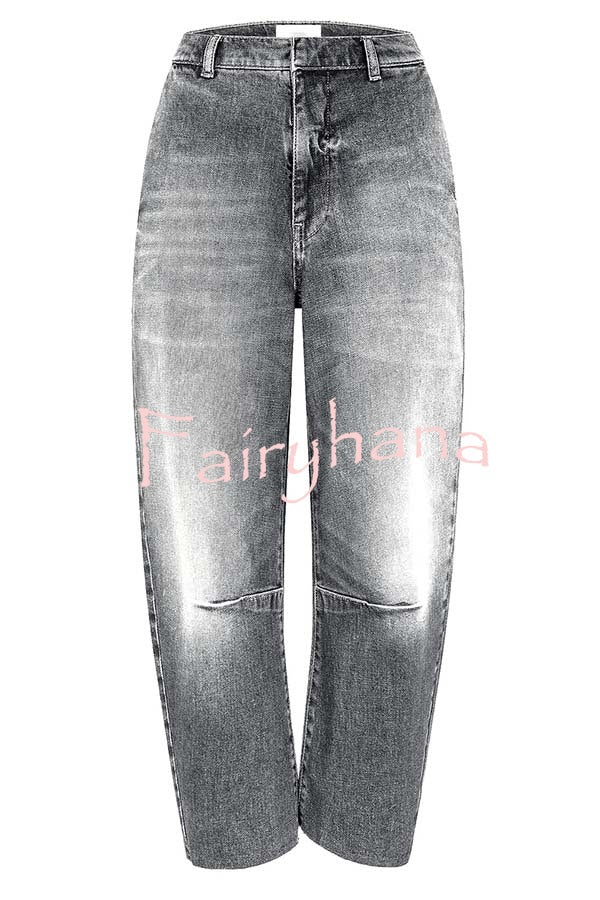Casual Meetup Washed Denim Mid Rise Pocketed Barrel Jeans